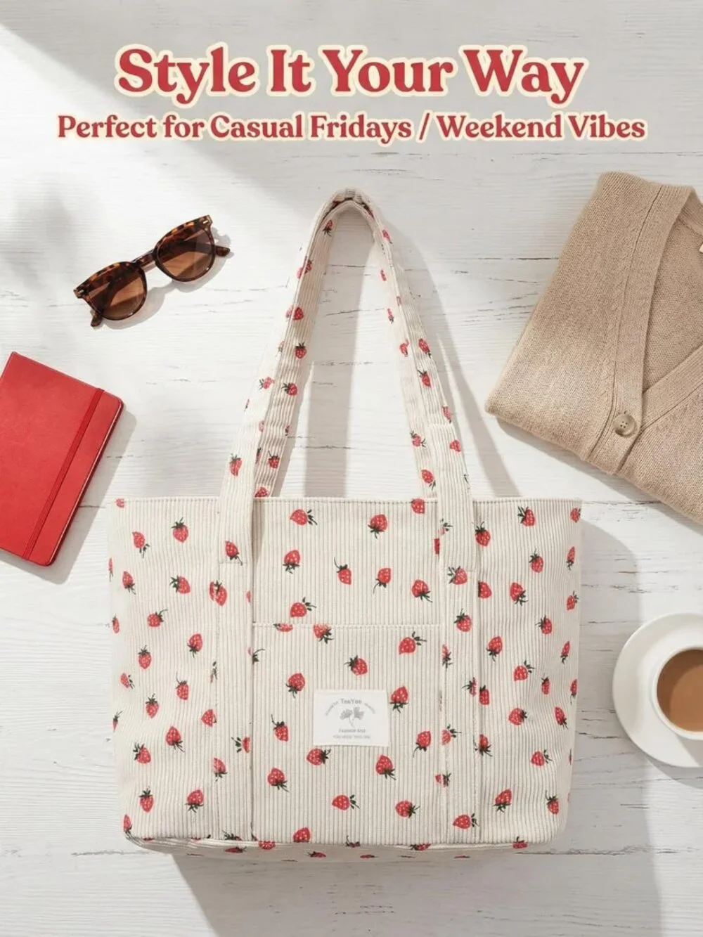 Stylish Large Corduroy Tote Bag - Zippered Shoulder Bag with Pockets for Women